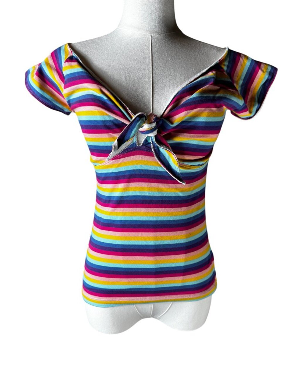 Hell Bunny Harmony Rainbow Striped Tie-Front Bardot Top Size Small